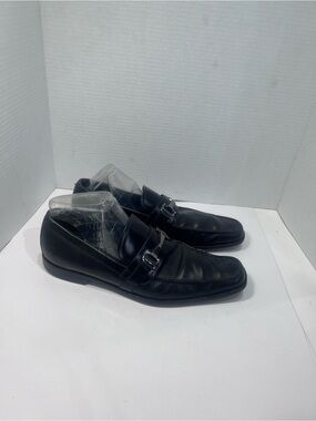Salvatore Ferragamo Black Leather Slip-On Loafers with Metal Bit